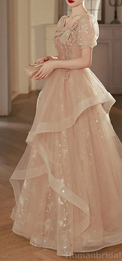 Elegant Short Sleeves A-line Tulle Champagne Evening Prom Dress Online, OL077