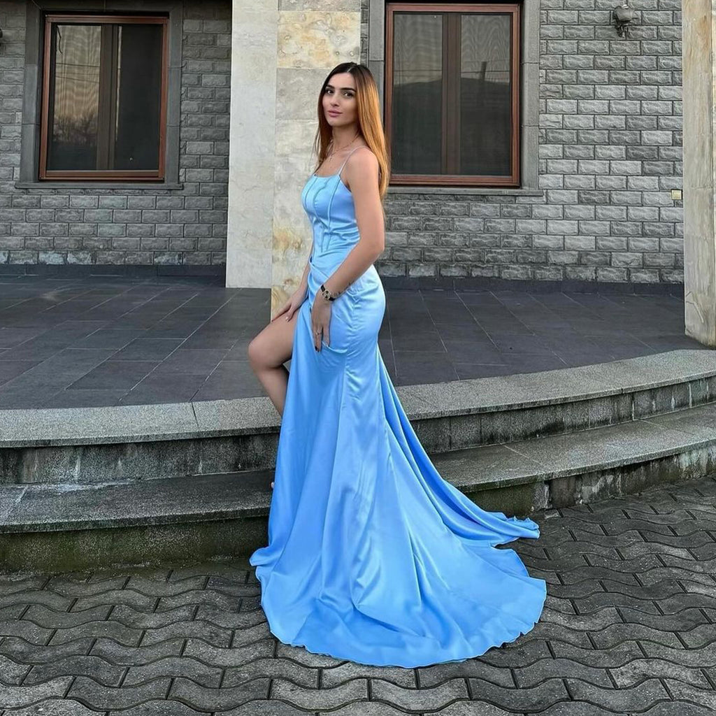 Elegant Spaghetti Straps Mermaid Side Slit Satin Blue Long Bridesmaid Dresses Online, BG810