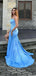 Elegant Spaghetti Straps Mermaid Side Slit Satin Blue Long Bridesmaid Dresses Online, BG810