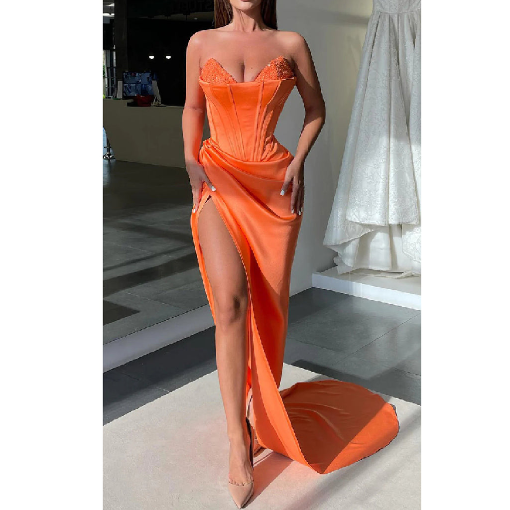 Elegant V-neck Mermaid Side Slit Orange Satin Long Bridesmaid Dresses Online, BG598