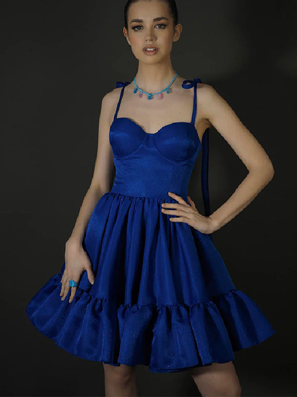 Elegant Spaghetti Straps A-line Royal Blue Satin Short Homecoming Dresses Online, HD0728