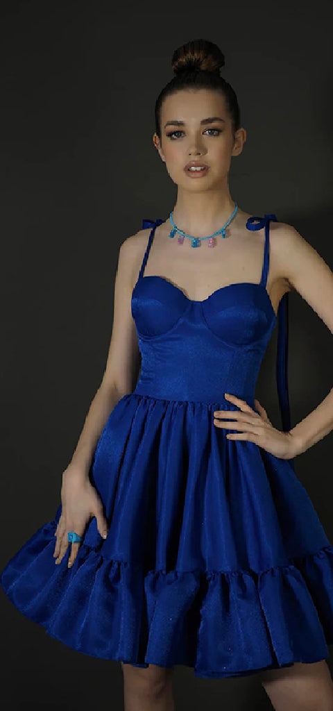 Elegant Spaghetti Straps A-line Royal Blue Satin Short Homecoming Dresses Online, HD0728