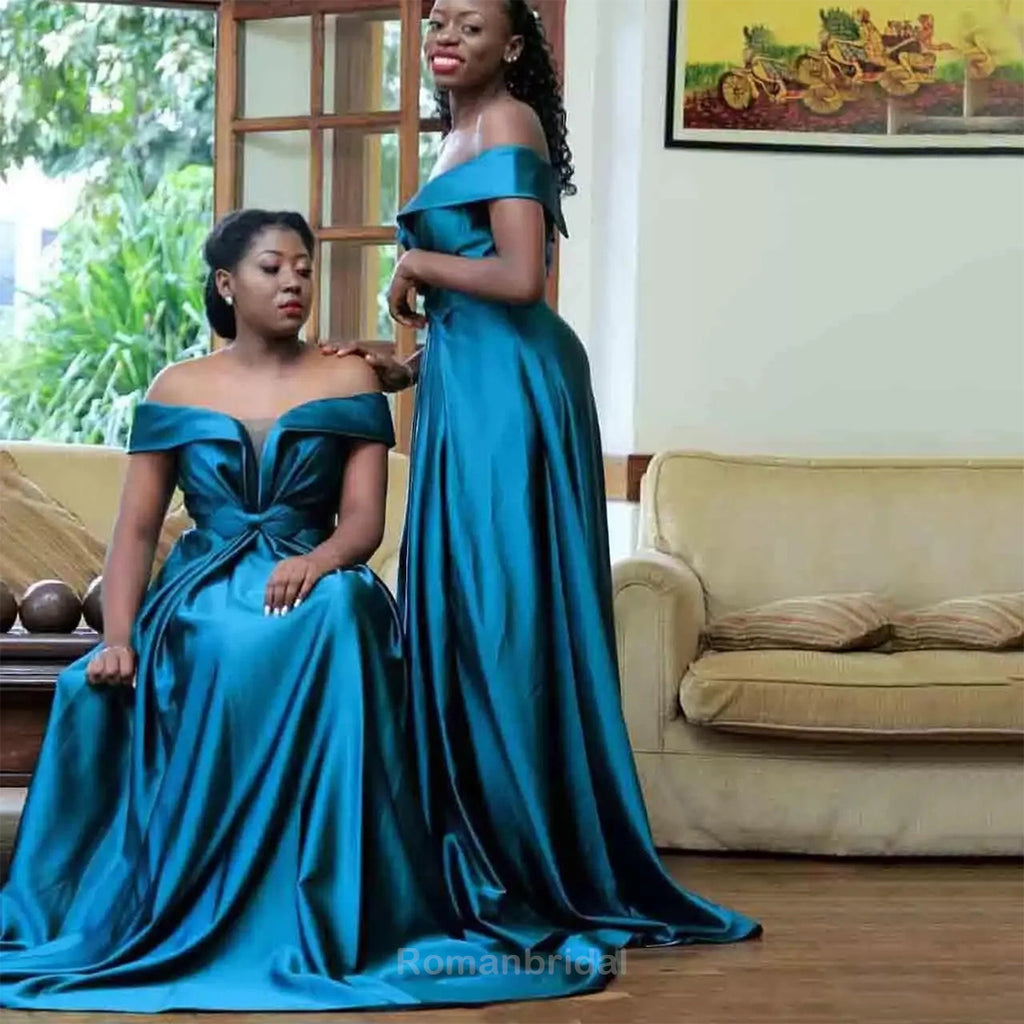 Elegant Off the Shoulder A-line Ink Blue Satin Bridesmaid Dresses Online, BG503