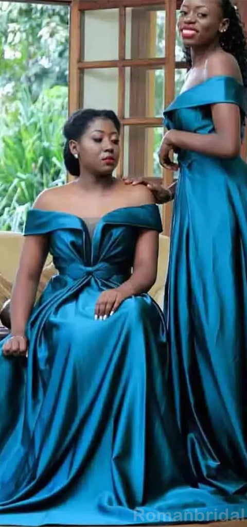 Elegant Off the Shoulder A-line Ink Blue Satin Bridesmaid Dresses Online, BG503