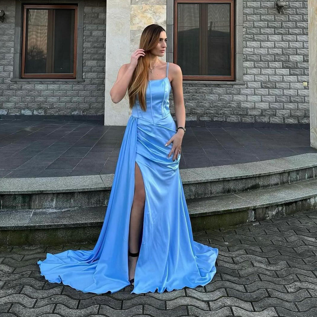 Elegant Spaghetti Straps Mermaid Side Slit Satin Blue Long Bridesmaid Dresses Online, BG810