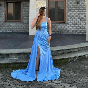 Elegant Spaghetti Straps Mermaid Side Slit Satin Blue Long Bridesmaid Dresses Online, BG810