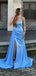 Elegant Spaghetti Straps Mermaid Side Slit Satin Blue Long Bridesmaid Dresses Online, BG810