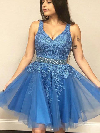 Elegant V-neck A-line Applique Tulle  Homecoming Dresses Online, HD0710