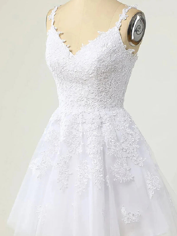 Elegant Spaghetti Straps A-line Applique White Short Homecoming Dresses Online, HD0719