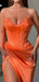 Elegant V-neck Mermaid Side Slit Orange Satin Long Bridesmaid Dresses Online, BG598