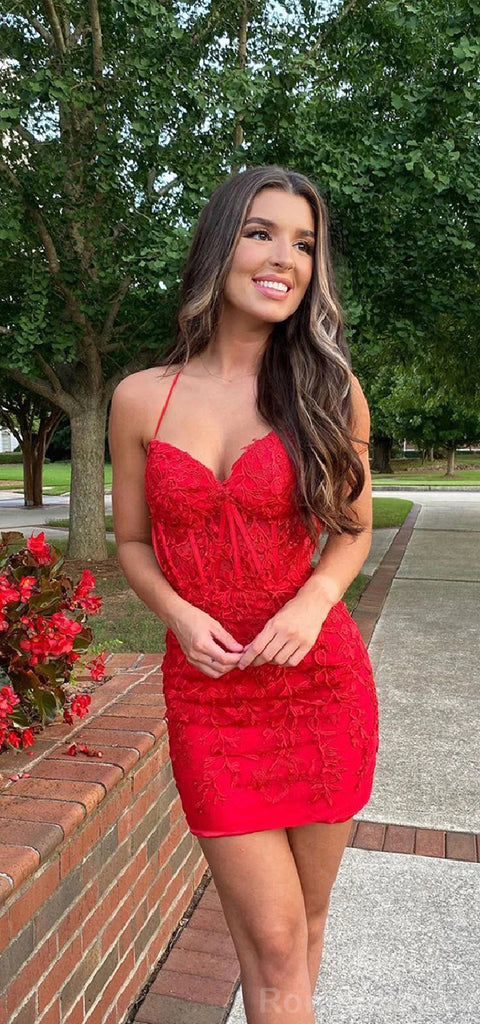 Elegant Halter Mermaid Red Lace Short Homecoming Dresses Online, HD0649