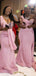 Elegant One Shoulder Beading Mermaid Pink Satin Bridesmaid Dresses with Trailing, BG515