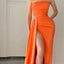 Simple Straight Neck Mermaid Side Slit Orange Satin Bridesmaid Dresses Online, BG566