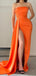 Simple Straight Neck Mermaid Side Slit Orange Satin Bridesmaid Dresses Online, BG566