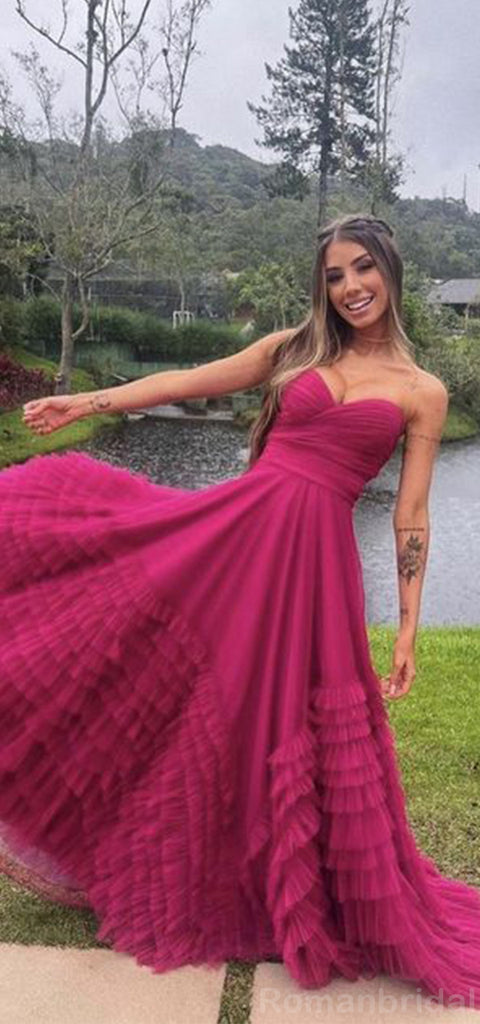 Elegant Sweetheart Sleeveless A-line Fuchsia Tulle Evening Prom Dress Online, OL110