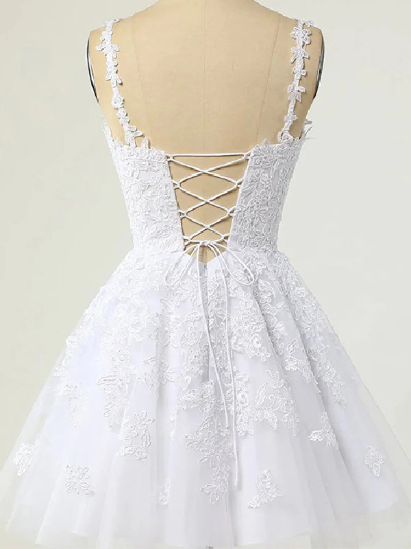 Elegant Spaghetti Straps A-line Applique White Short Homecoming Dresses Online, HD0719