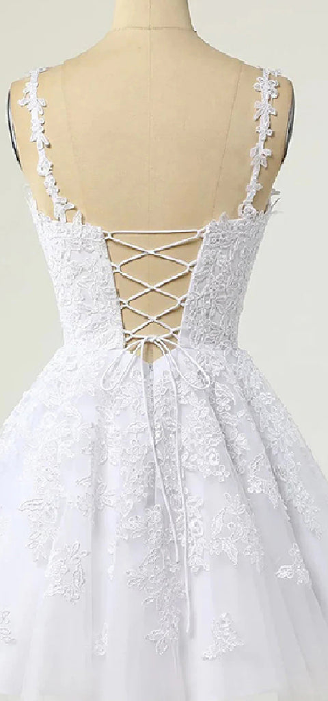 Elegant Spaghetti Straps A-line Applique White Short Homecoming Dresses Online, HD0719