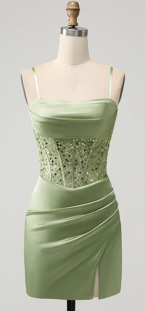 Elegant Spaghetti Straps Mermaid Short Sage Satin Homecoming Dresses Online, HD0736