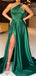 Elegant One Shoulder A-line Side Slit Emerald Satin Long Bridesmaid Dresses Online, BG599