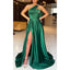 Elegant One Shoulder A-line Side Slit Emerald Satin Long Bridesmaid Dresses Online, BG599