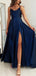 Simple Spaghetti Straps A-line Satin Side Slit Dark Navy Long Prom Dress Online, OL268