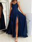 Simple Spaghetti Straps A-line Satin Side Slit Dark Navy Long Prom Dress Online, OL268