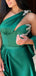 Elegant One Shoulder A-line Side Slit Emerald Satin Long Bridesmaid Dresses Online, BG599