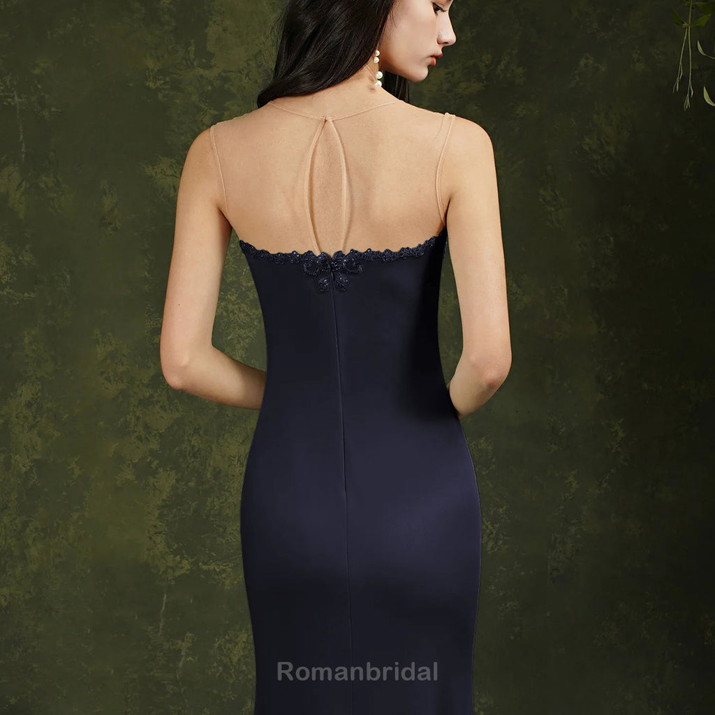 Elegant Sweetheart Mermaid Sleeveless Dark Navy Applique Satin Bridesmaid Dresses Online, BG496