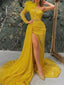 Sparkly Long Sleeve One Shoulder Side Slit Mermaid Sequins Marigold Long Prom Dress Online, OL259