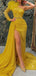 Sparkly Long Sleeve One Shoulder Side Slit Mermaid Sequins Marigold Long Prom Dress Online, OL259