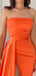 Simple Straight Neck Mermaid Side Slit Orange Satin Bridesmaid Dresses Online, BG566