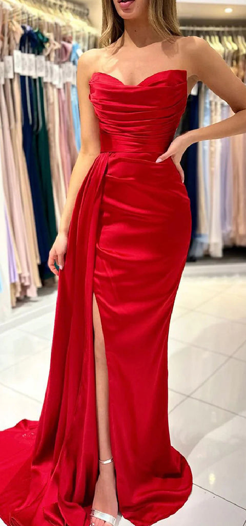 Elegant Satin V-neck Side Slit Mermaid Long Bridesmaid Dresses with Trailing, BG627