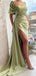 Elegant Off Shoulder Mermaid Sage Side Slit Satin Evening Prom Dress with Side Slit, OL112
