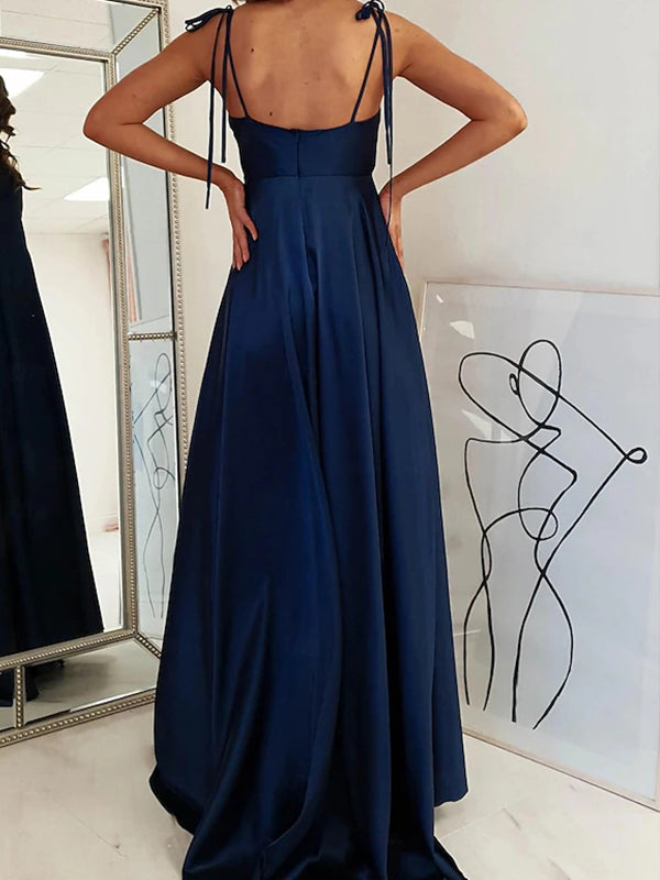 Simple Spaghetti Straps A-line Satin Side Slit Dark Navy Long Prom Dress Online, OL268