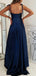 Simple Spaghetti Straps A-line Satin Side Slit Dark Navy Long Prom Dress Online, OL268