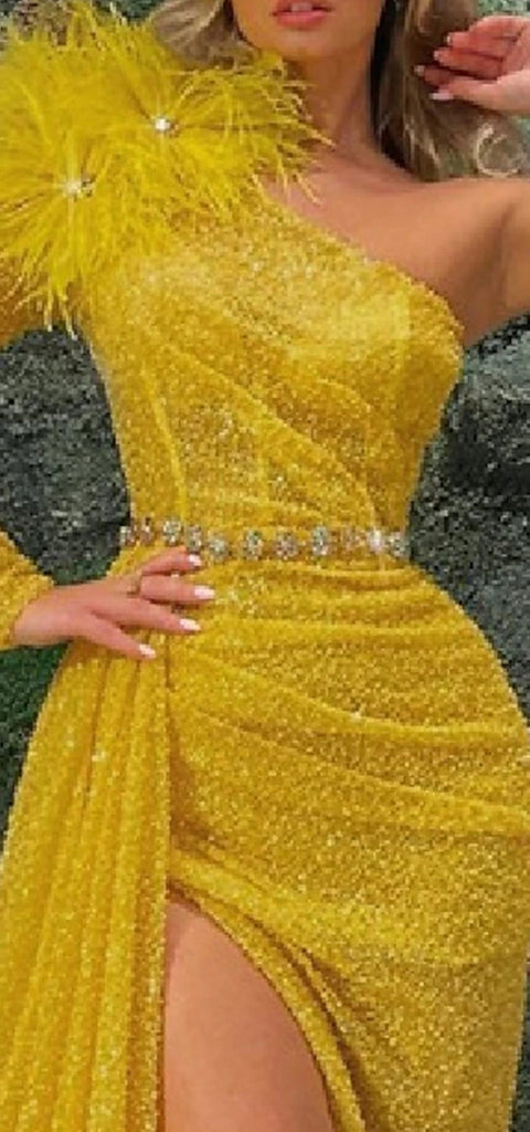 Sparkly Long Sleeve One Shoulder Side Slit Mermaid Sequins Marigold Long Prom Dress Online, OL259