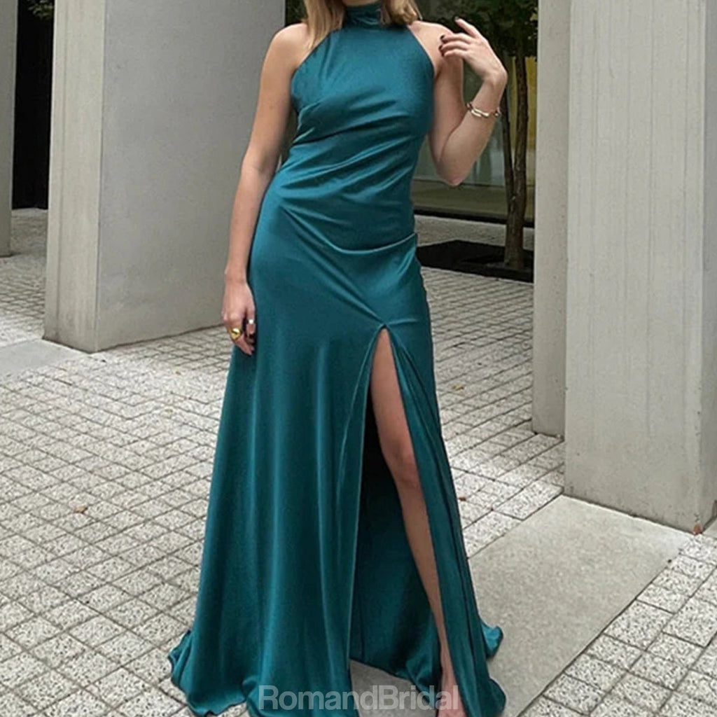 Simple Halter Mermaid Backless Side Slit Jade Bridesmaid Dresses, BG528