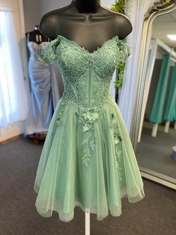 Elegant V-neck A-line Off Shoulder Tulle Dusty Sage Applique Short Homecoming Dresses Online, HD0751