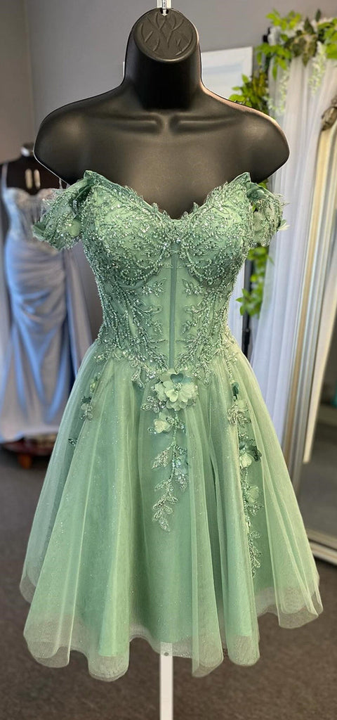 Elegant V-neck A-line Off Shoulder Tulle Dusty Sage Applique Short Homecoming Dresses Online, HD0751