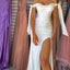 Elegant Off Shoulder Mermaid Side Slit White Satin Bridesmaid Dresses Online, BG567