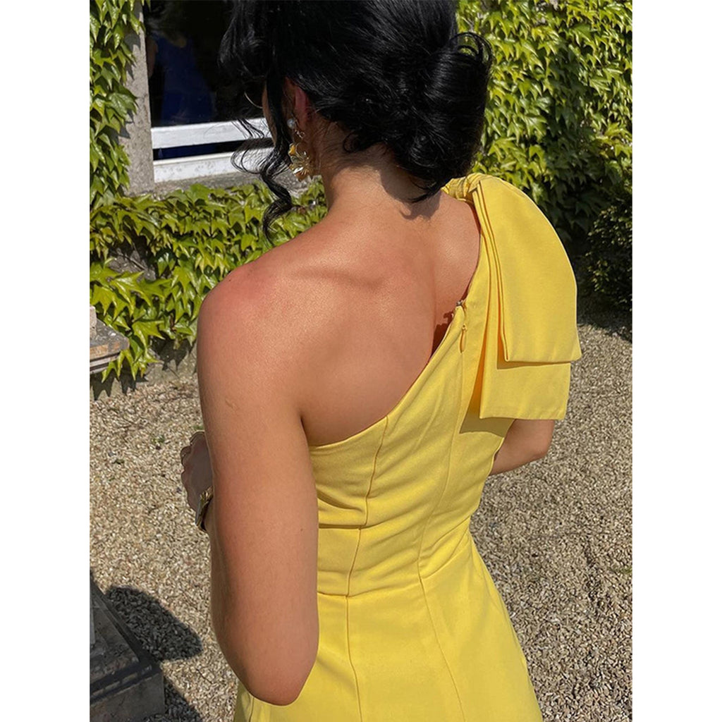 Elegant One Shoulder Mermaid Asymmetric Lemon Long Bridesmaid Dresses Online, BG797