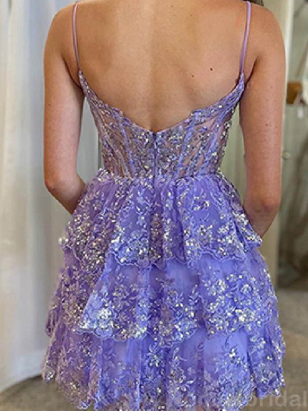Sparky Spaghetti Straps V-neck A-line Tulle Lilac Short Homecoming Dresses Online, HD0666