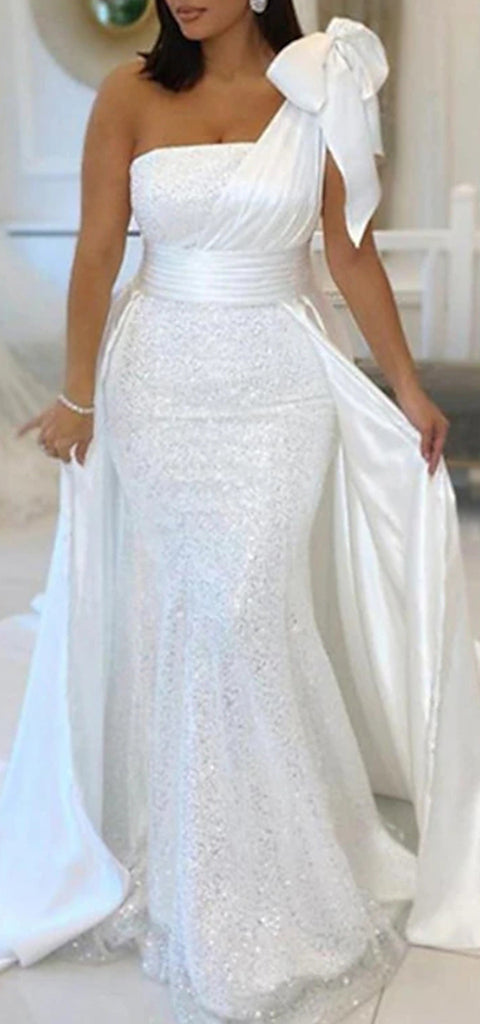 Elegant One Shoulder Mermaid Satin White Long Prom Dress Online, OL269