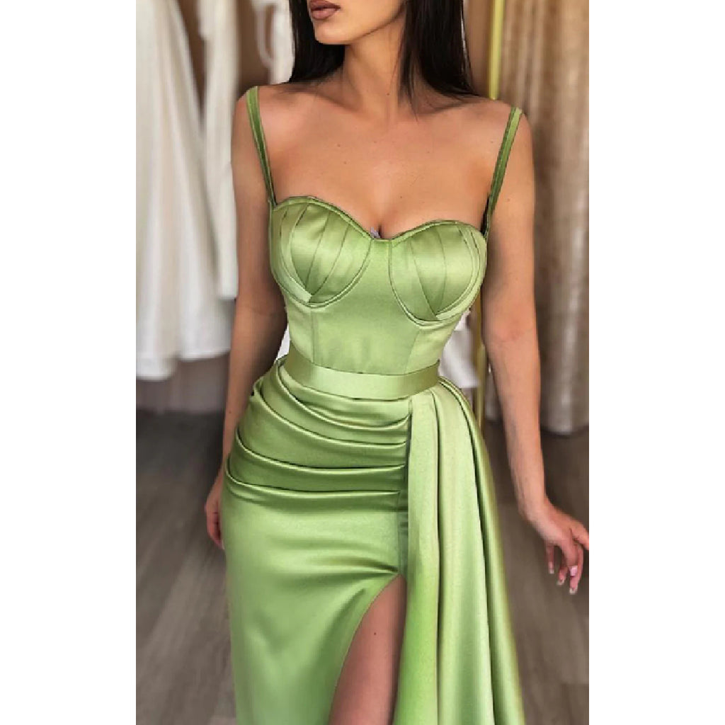 Elegant Sweetheart Spaghetti Straps Mermaid Side Slit Satin Long Bridesmaid Dresses with Trailing, BG601