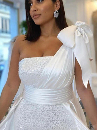 Sparkly Mermaid One Shoulder Sleeveless White Sequins Long Evening Prom Dress, OL183