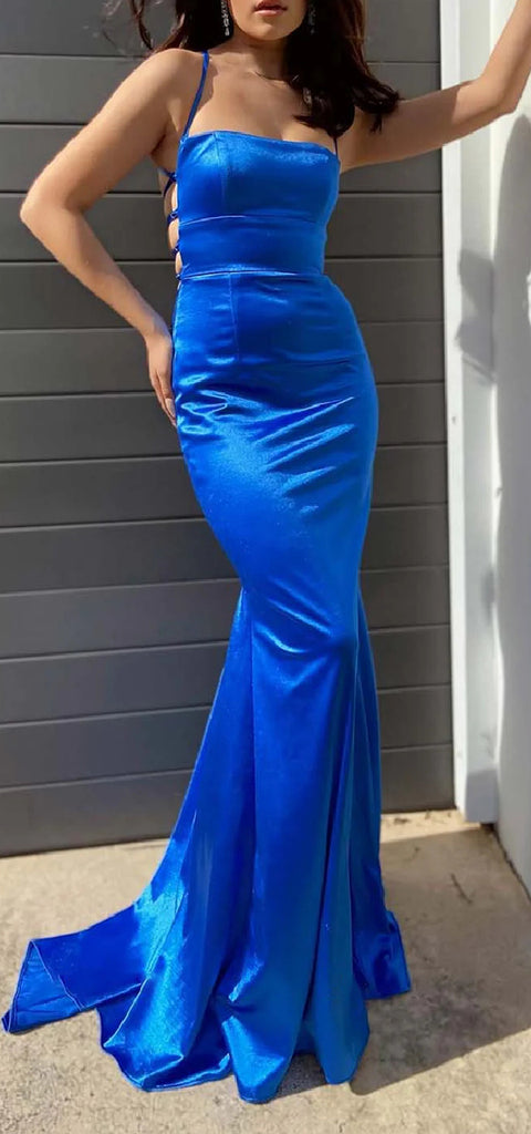 Sexy Satin Spaghetti Straps Mermaid Long Royal Blue Bridesmaid Dresses Online, BG629