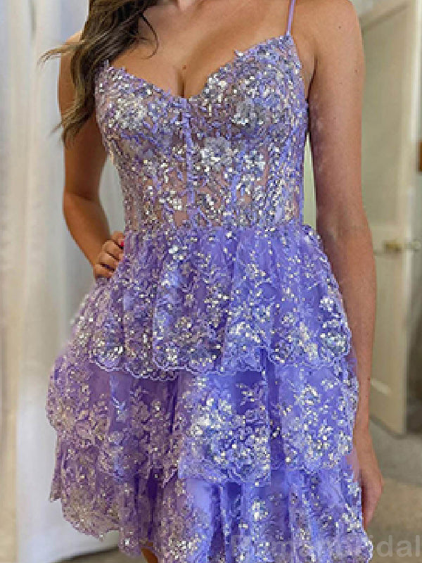 Sparky Spaghetti Straps V-neck A-line Tulle Lilac Short Homecoming Dresses Online, HD0666