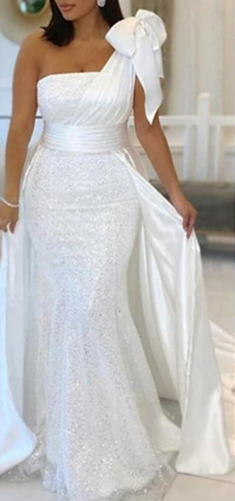 Elegant One Shoulder Mermaid Satin White Long Prom Dress Online, OL269