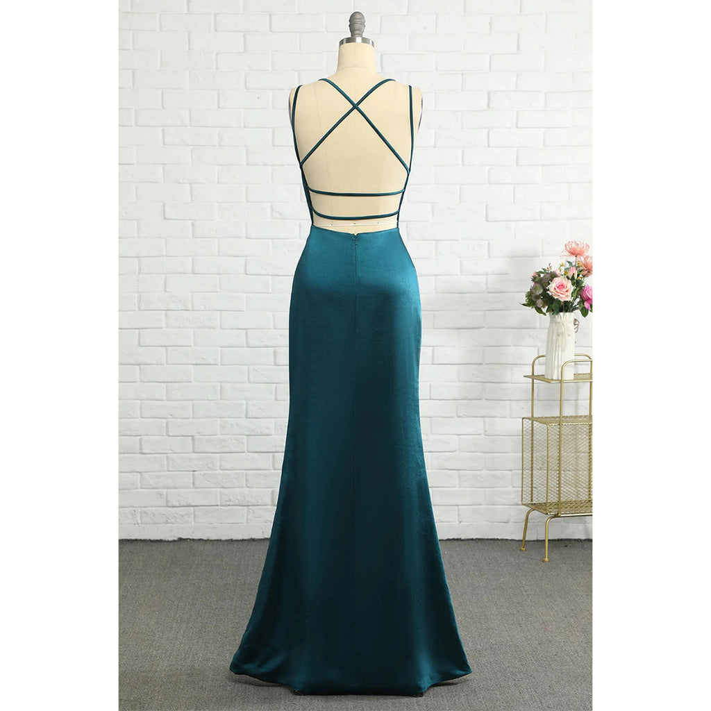 Elegant Spaghetti Straps V-neck Mermaid Satin Jade Long Bridesmaid Dresses Online, BG802