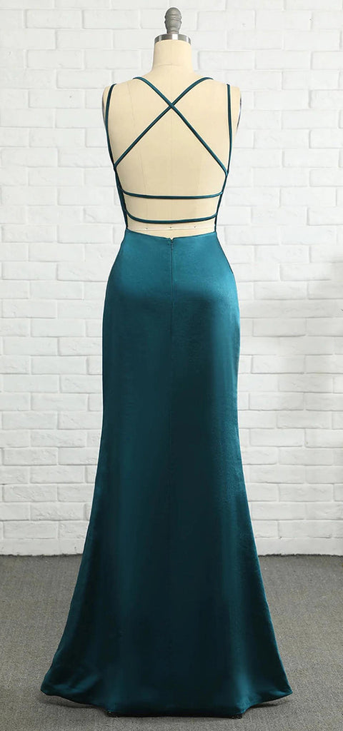 Elegant Spaghetti Straps V-neck Mermaid Satin Jade Long Bridesmaid Dresses Online, BG802